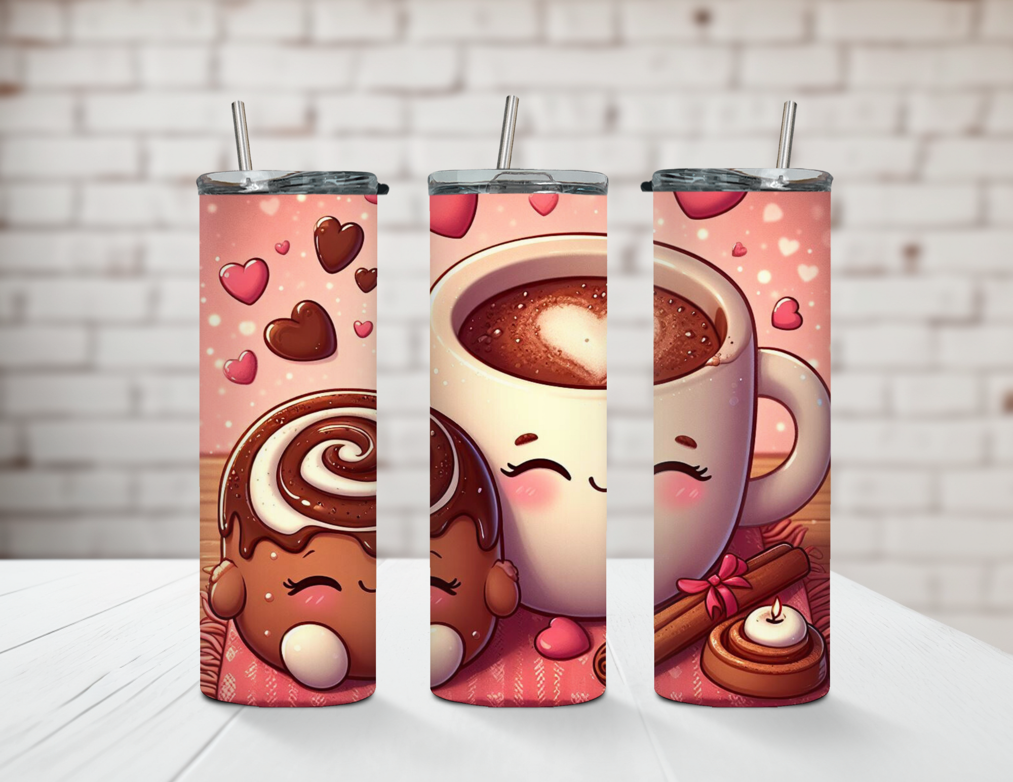 Valentines Day Cocoa and Cinnamon Roll Snuggles 20oz Steel Tumbler