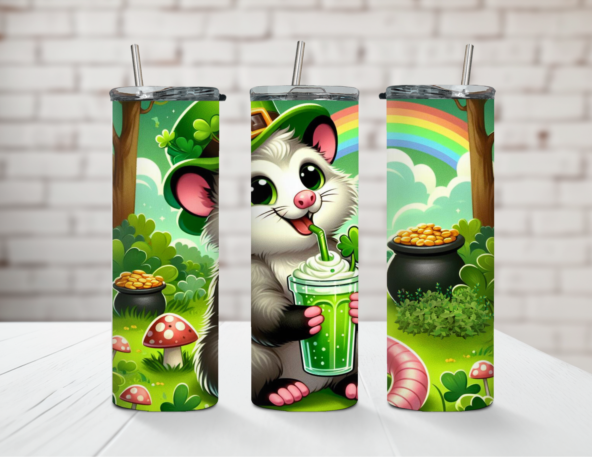 Happy Saint Patrick's Day Opossum 20oz Steel Tumbler