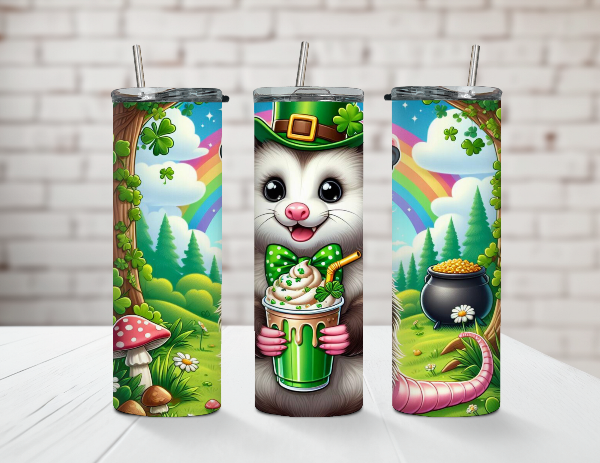 Saint Patrick's Rainbow Opossum 20oz Steel Tumbler