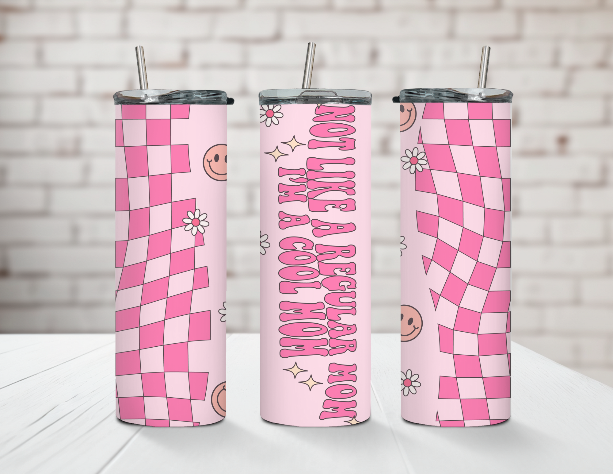 Not A Regular Mom Pink Checkered 20oz Steel Tumbler