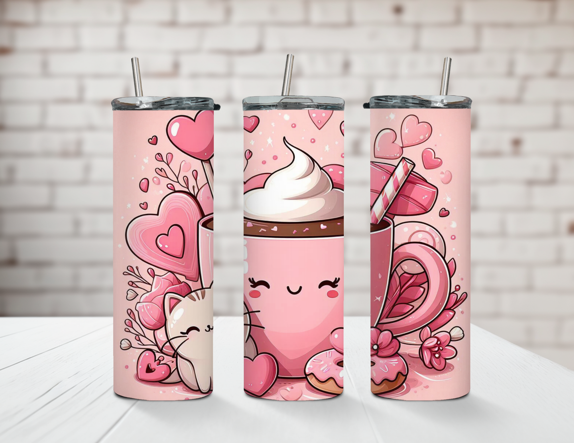 Valentines Day Hot Cocoa Kitties 20oz Steel Tumbler