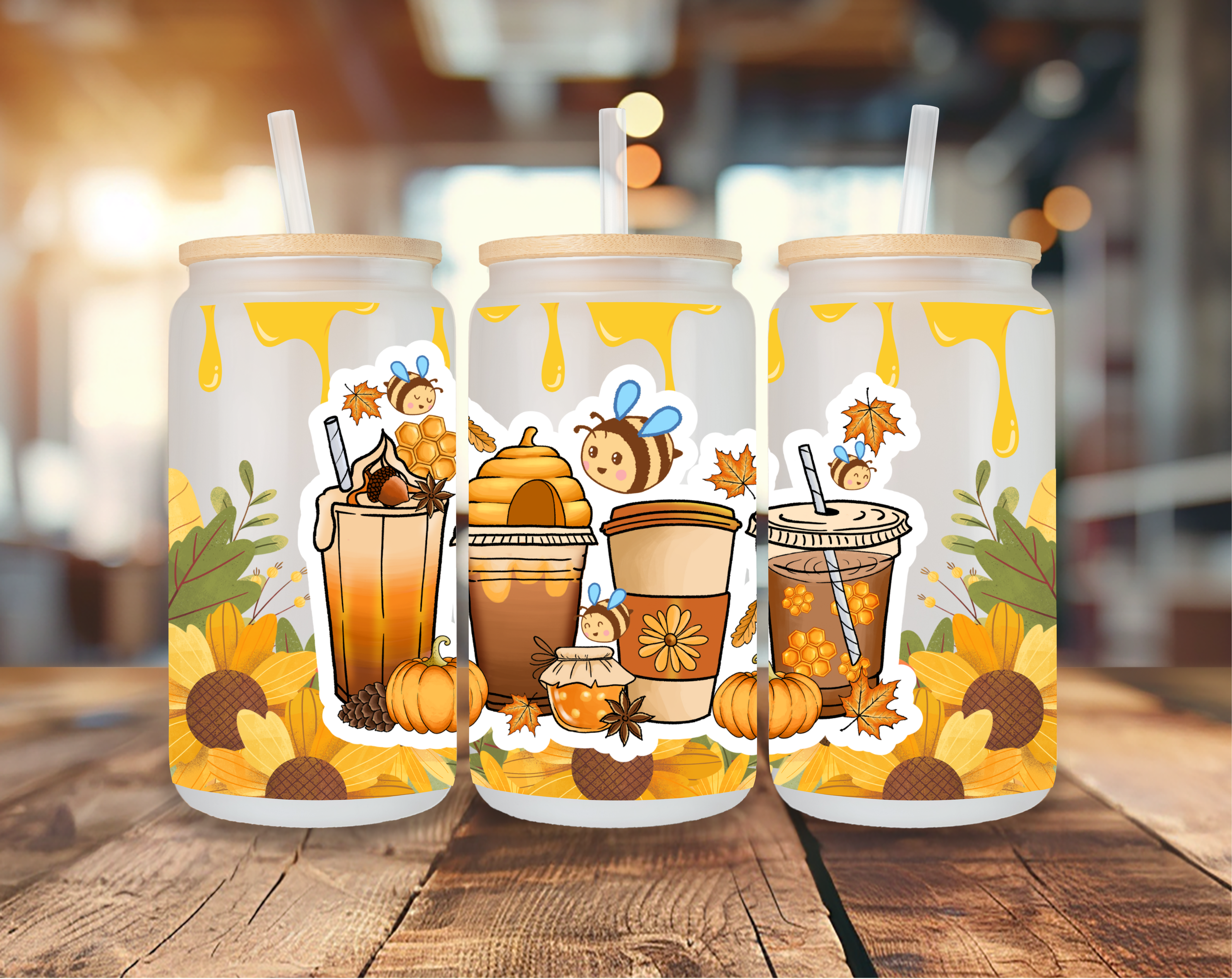 Buzzy Bee's Autumn Fall 25oz Frosted Glass Can Cup