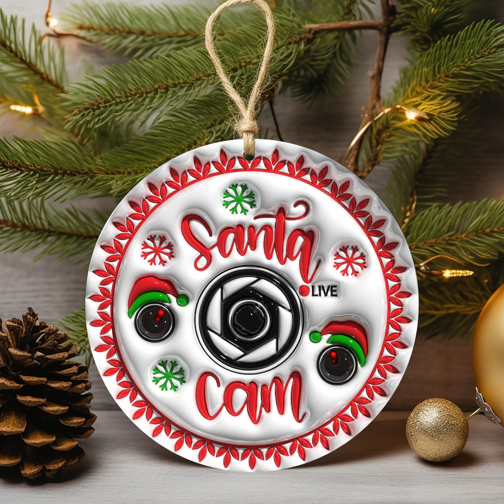 Santa Camera Watch Ceramic Christmas Ornament