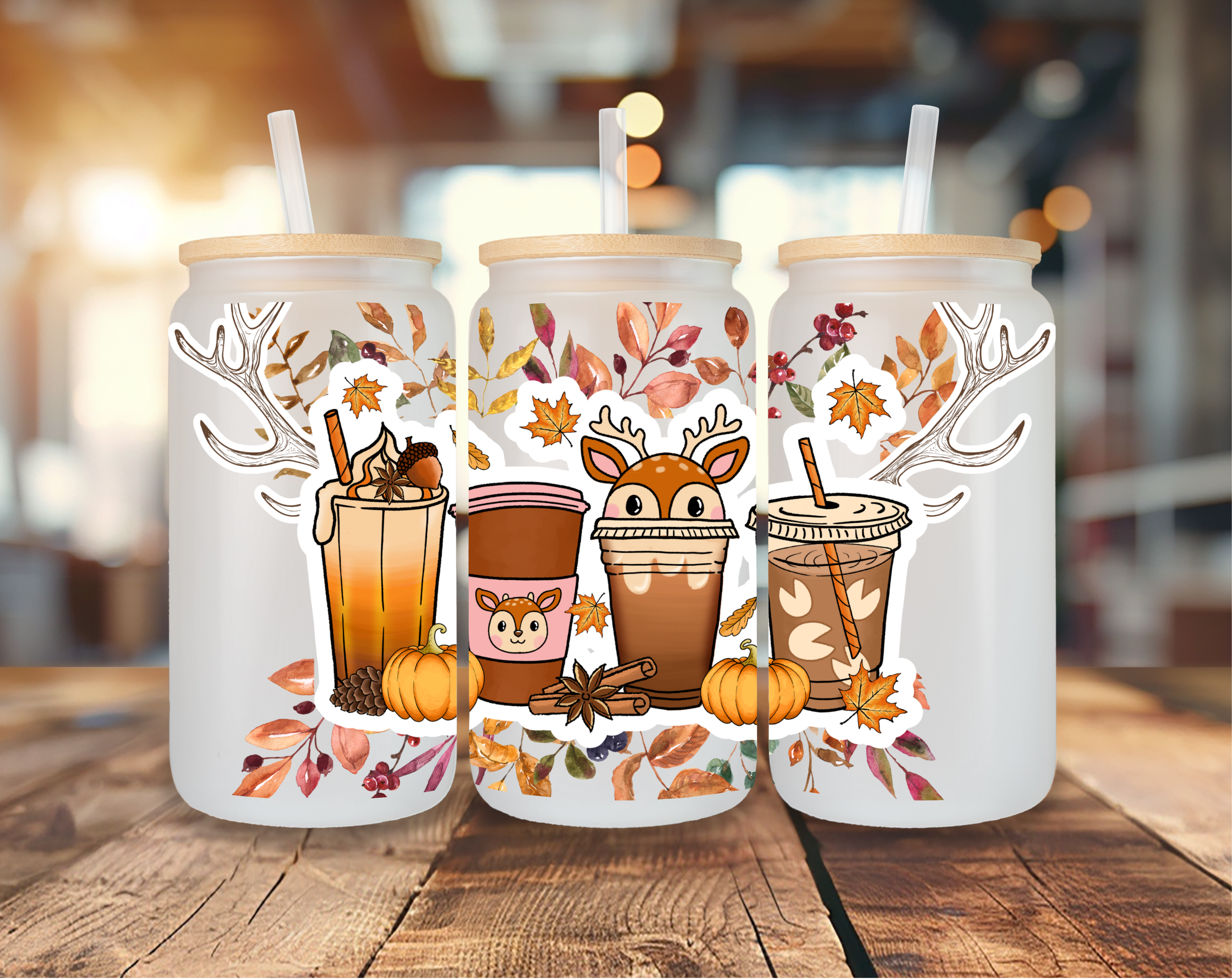 Deer Autumn Fall 25oz Frosted Glass Can Cup