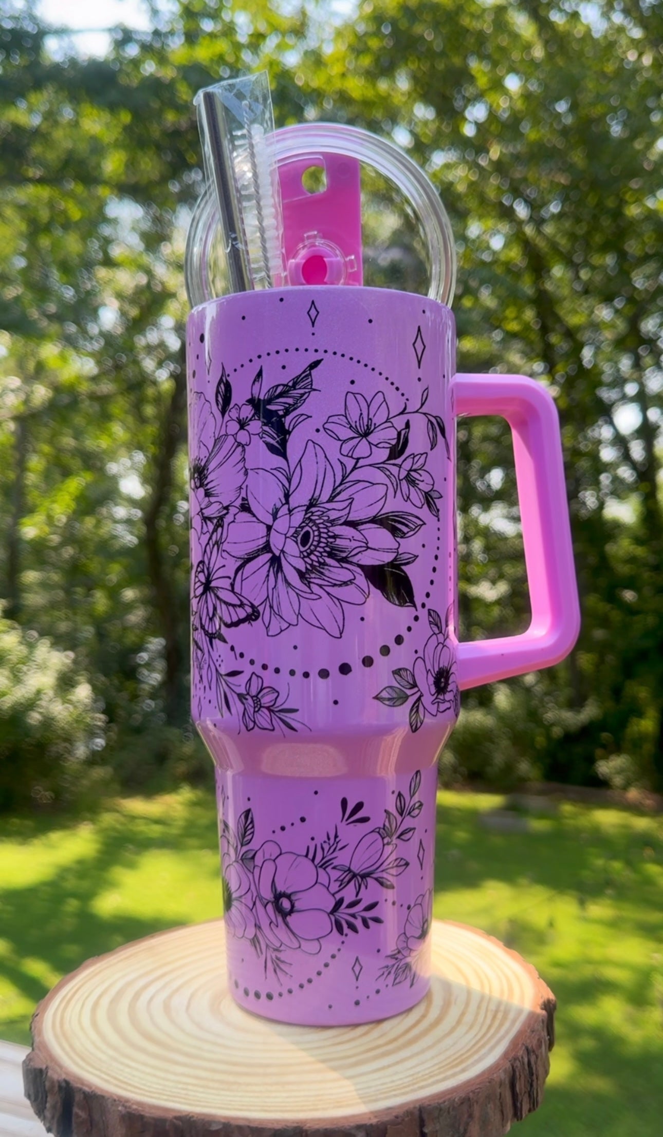 Black Floral 40oz Shimmer purple stainless steel tumbler