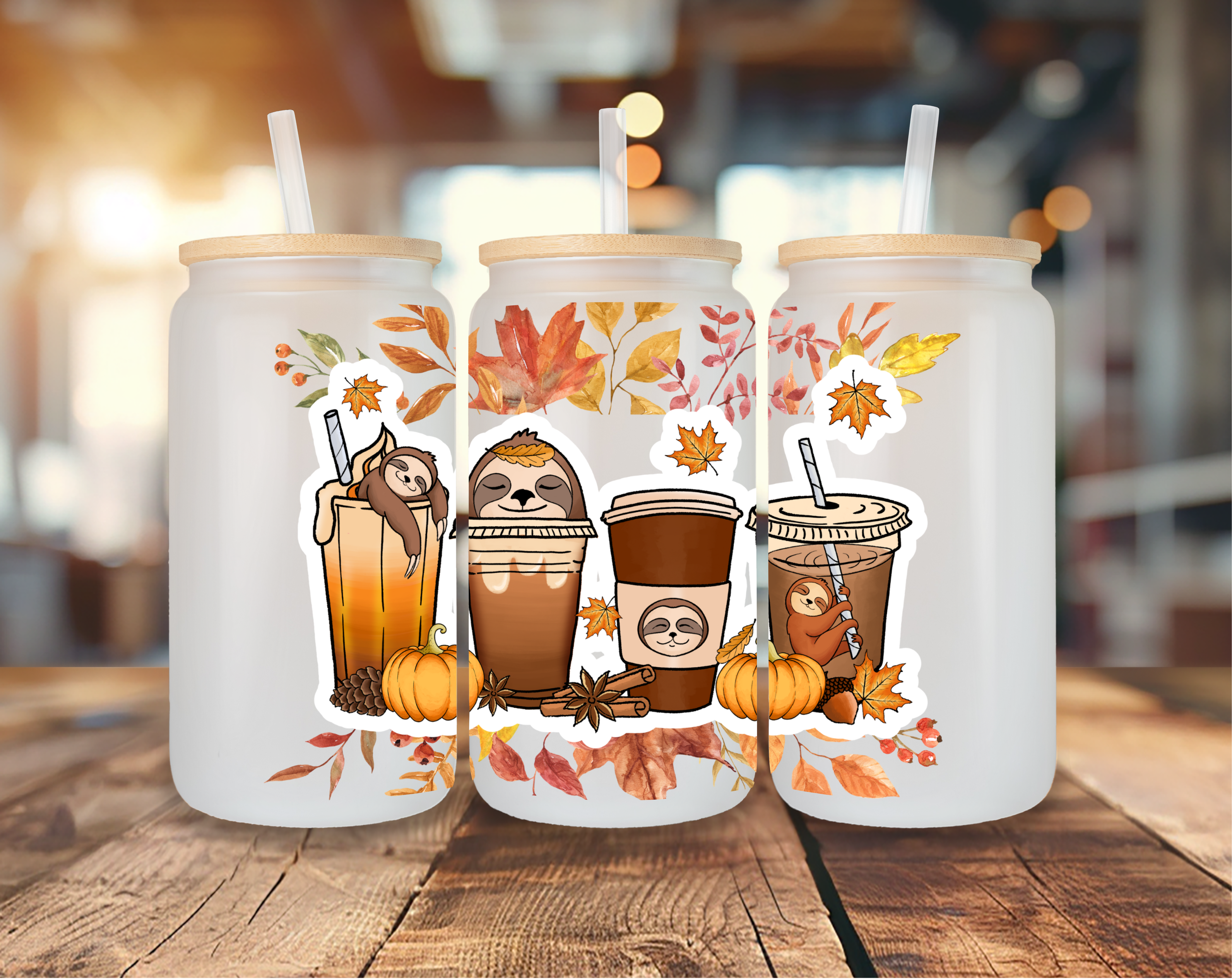 Autumn Fall Sloth Coffee 25oz Frosted Glass Can Cup