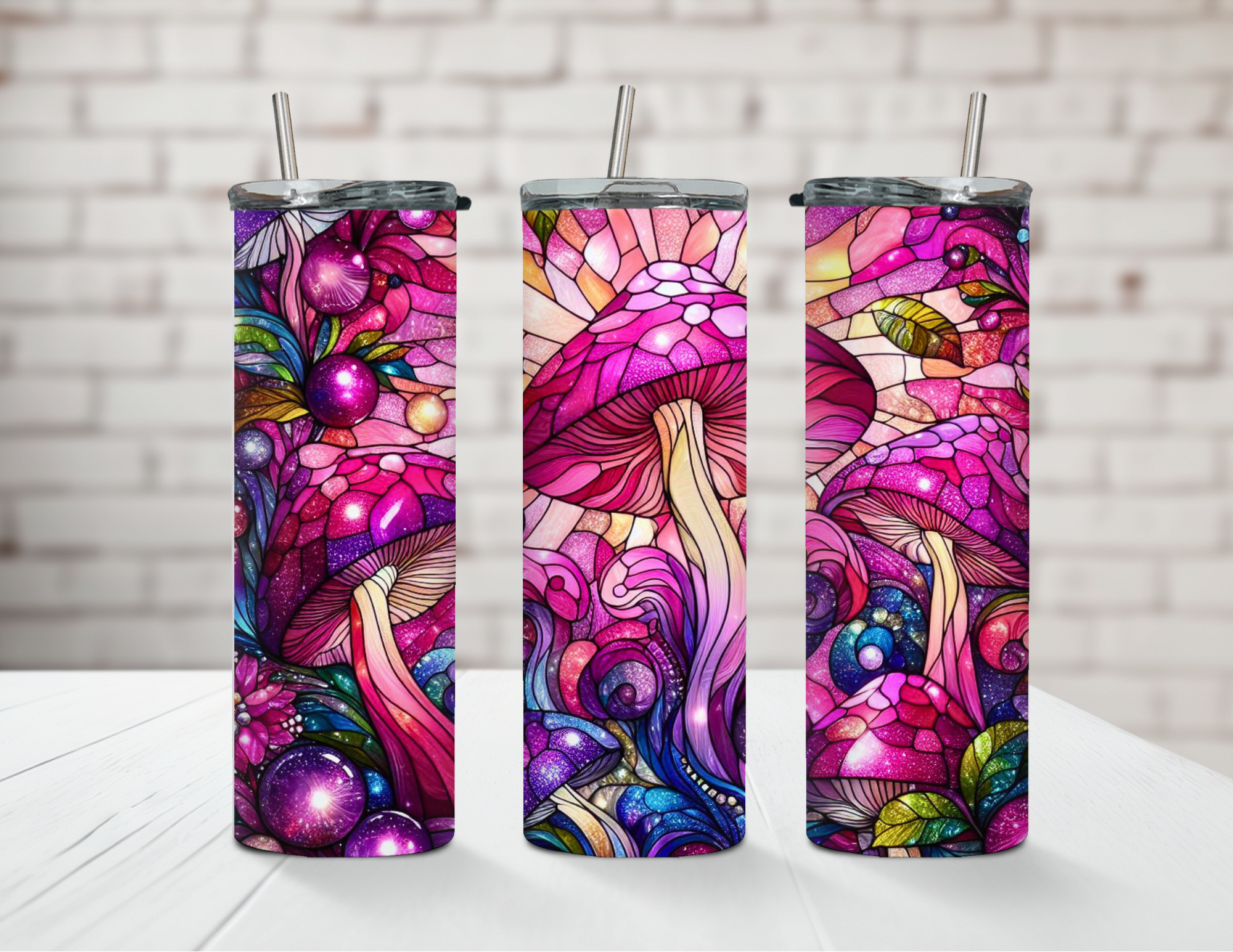 Pink Glittery Stained Glass Mushroom 20oz Steel Tumbler