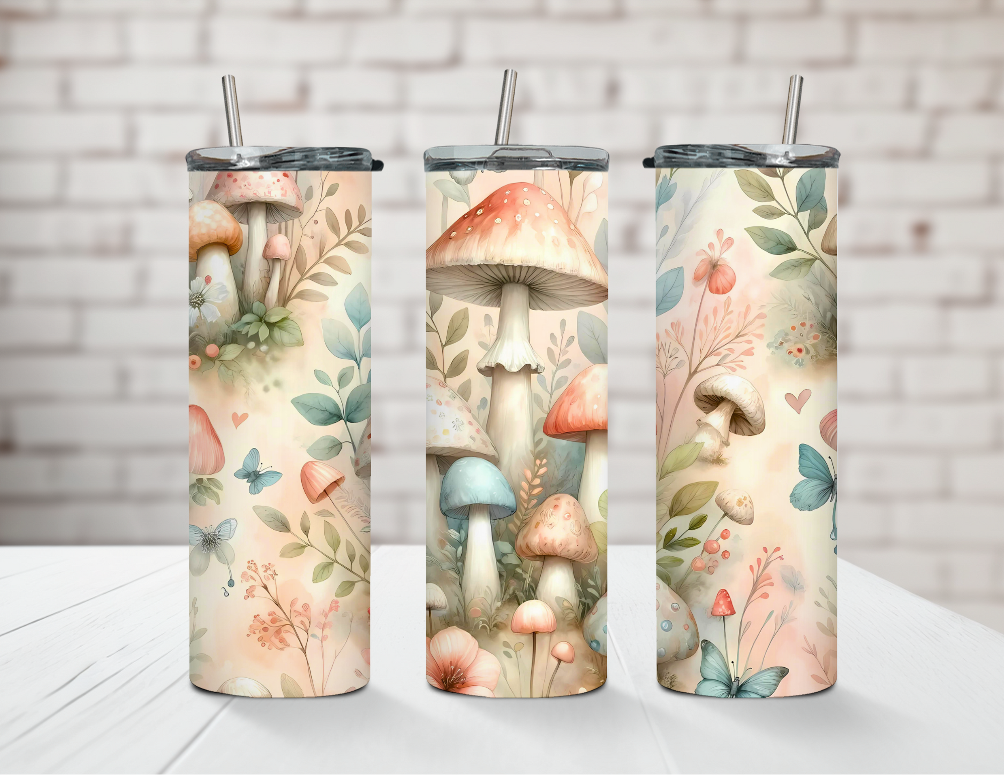 Neutral Beautiful Mushrooms 20oz Stainless Steel Tumbler