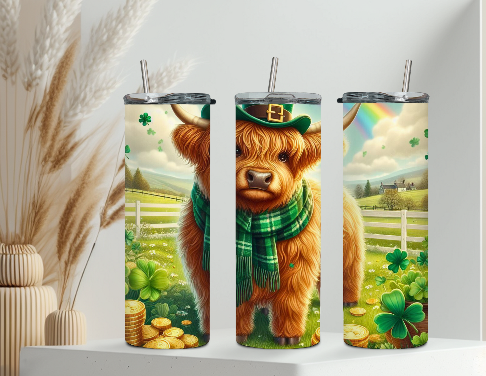 Full Body Highland Cow Saint Patrick's Day 20oz Stainless Steel Tumbler