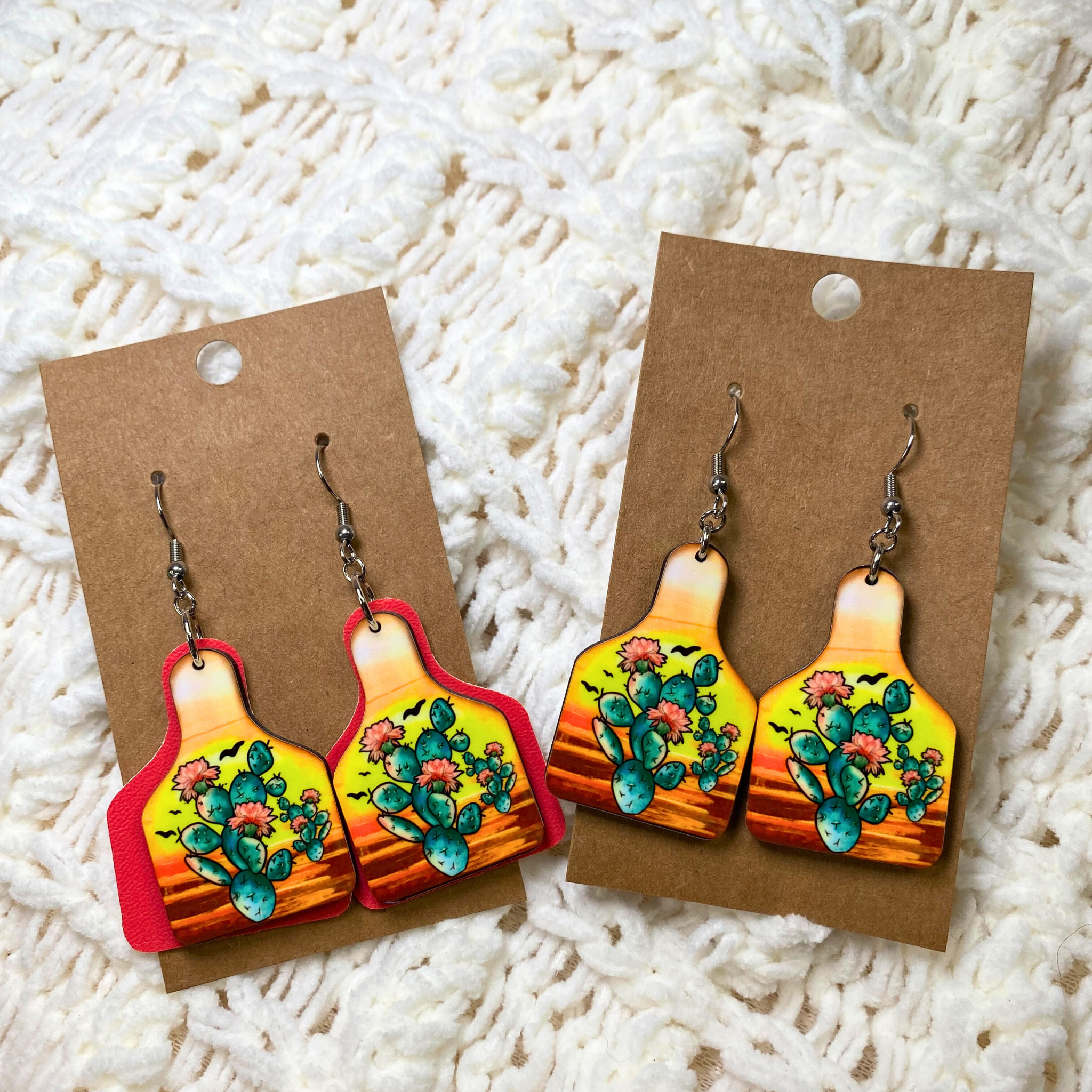 Sunset Cactus Cow Tag Dangle Earrings