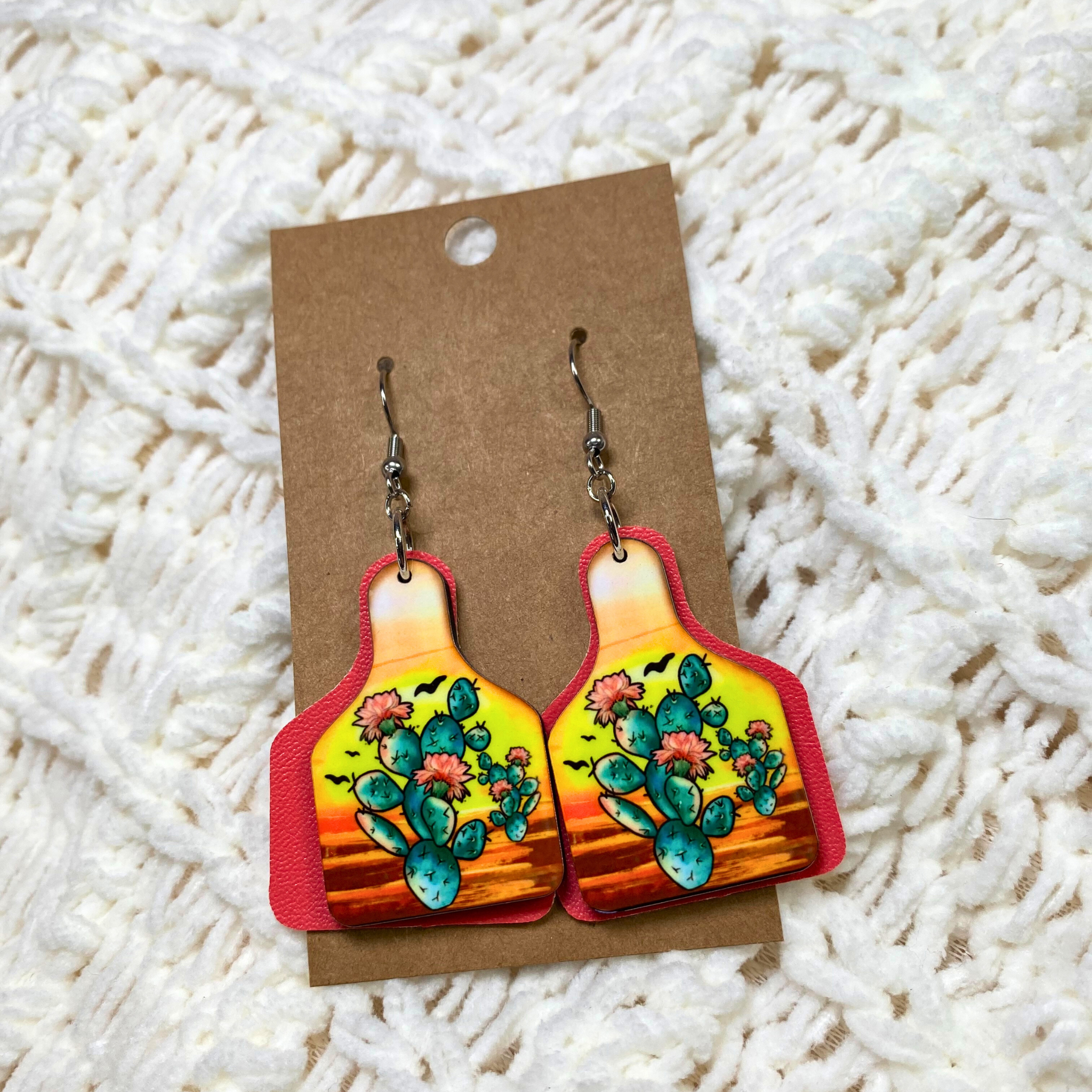 Sunset Cactus Cow Tag Dangle Earrings