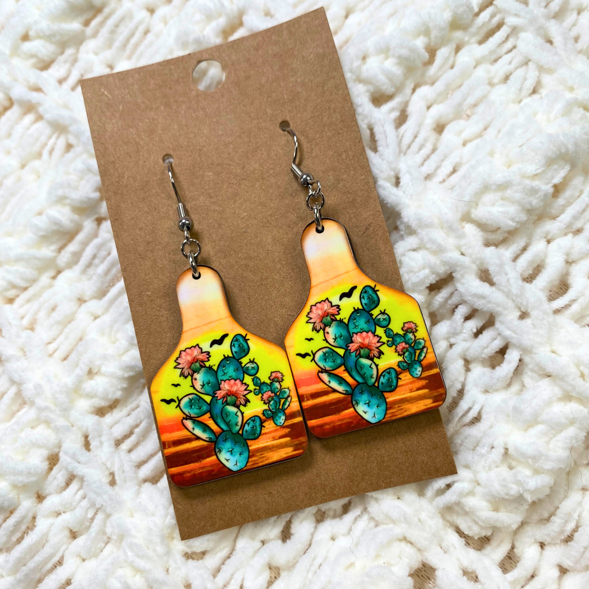 Sunset Cactus Cow Tag Dangle Earrings