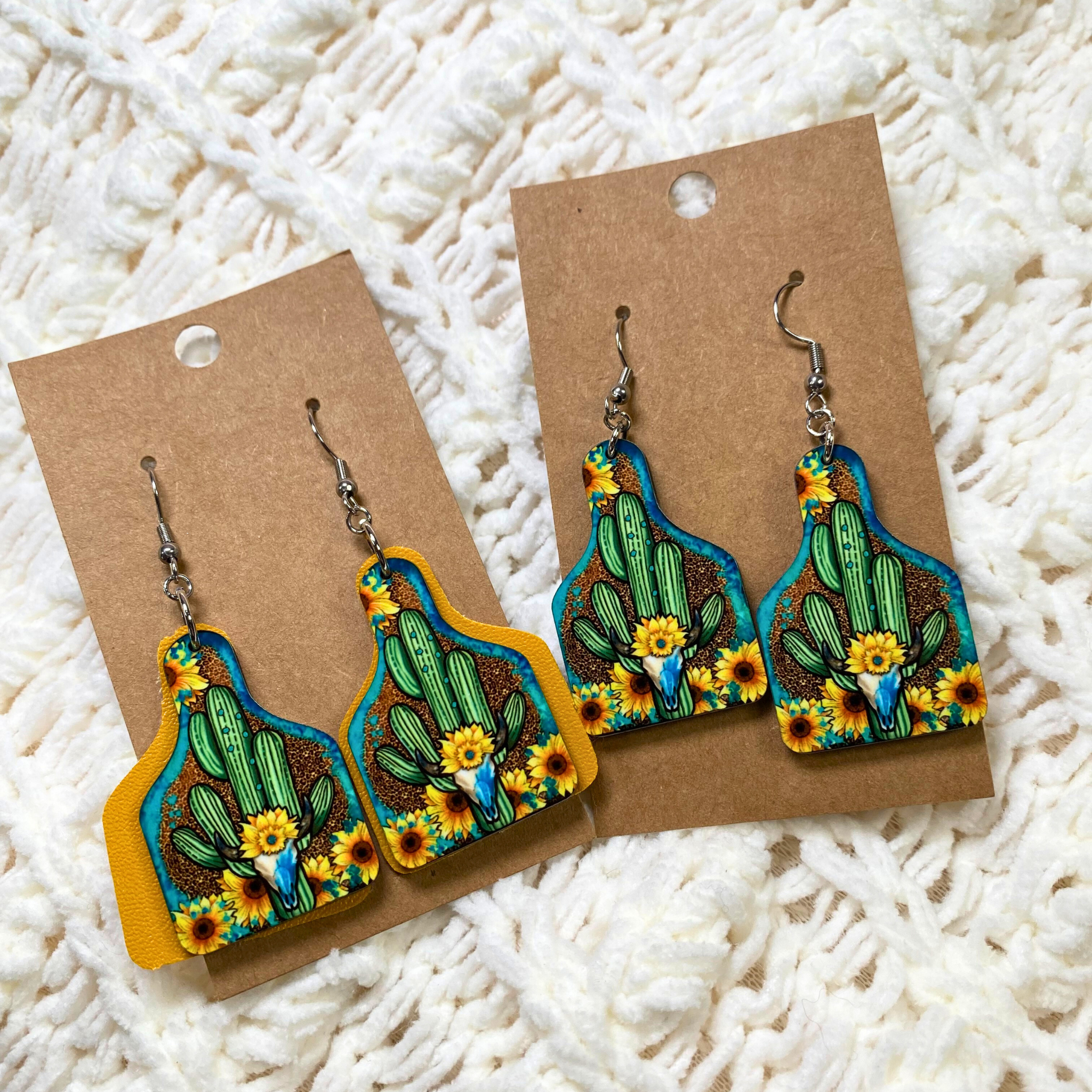 Sun Flower Skull Cactus Cow Tag Dangle Earrings