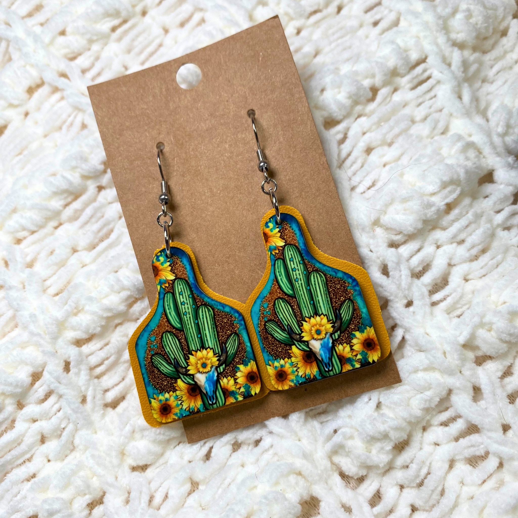 Sun Flower Skull Cactus Cow Tag Dangle Earrings