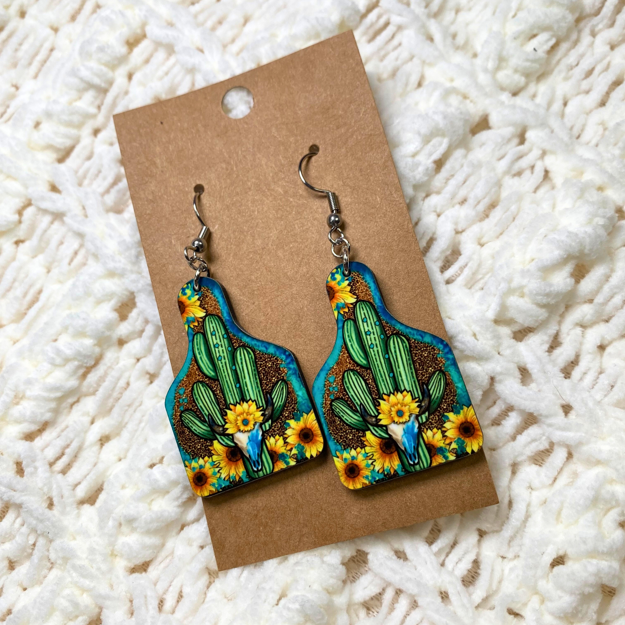 Sun Flower Skull Cactus Cow Tag Dangle Earrings