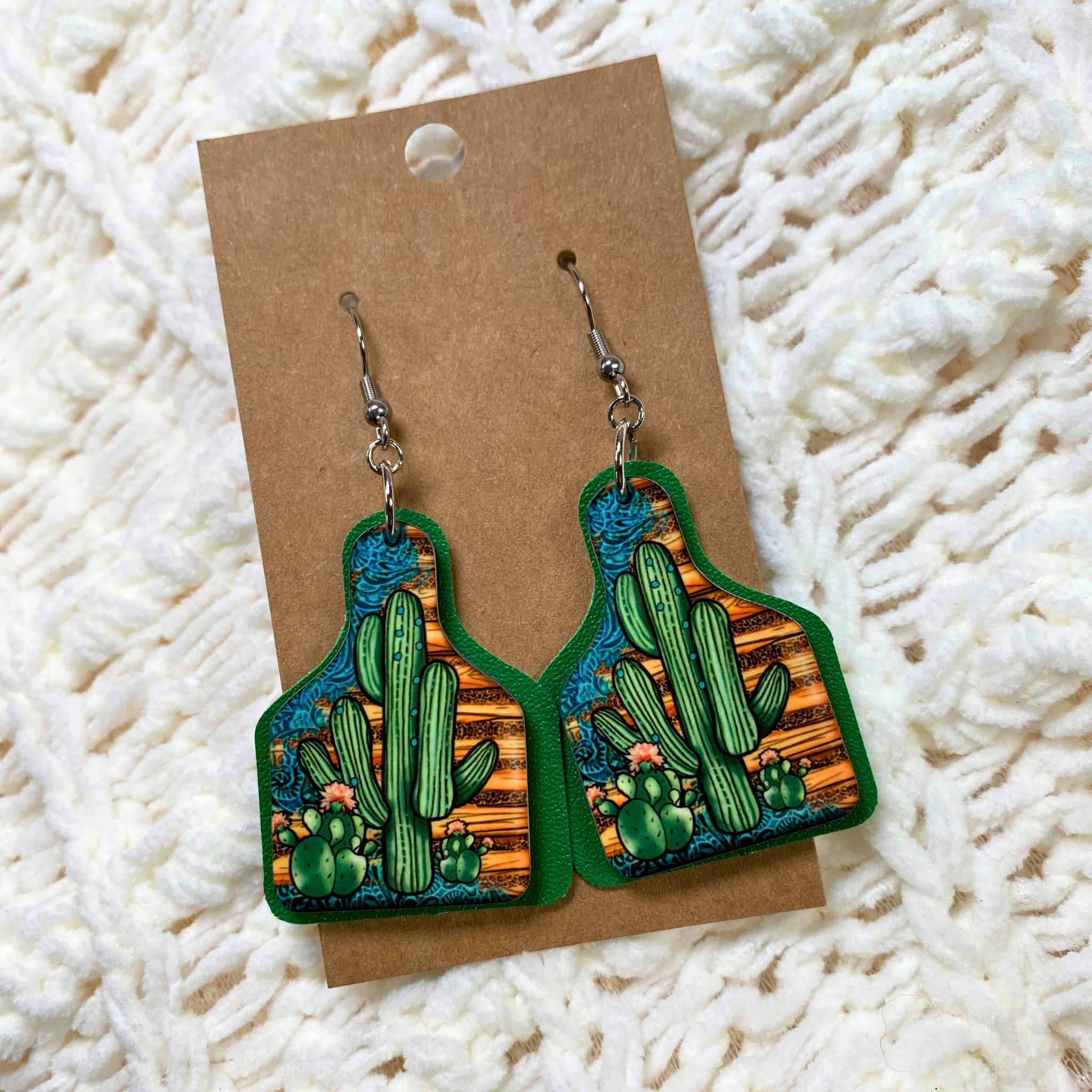 Wooden Cactus Cow Tag Dangle Earrings