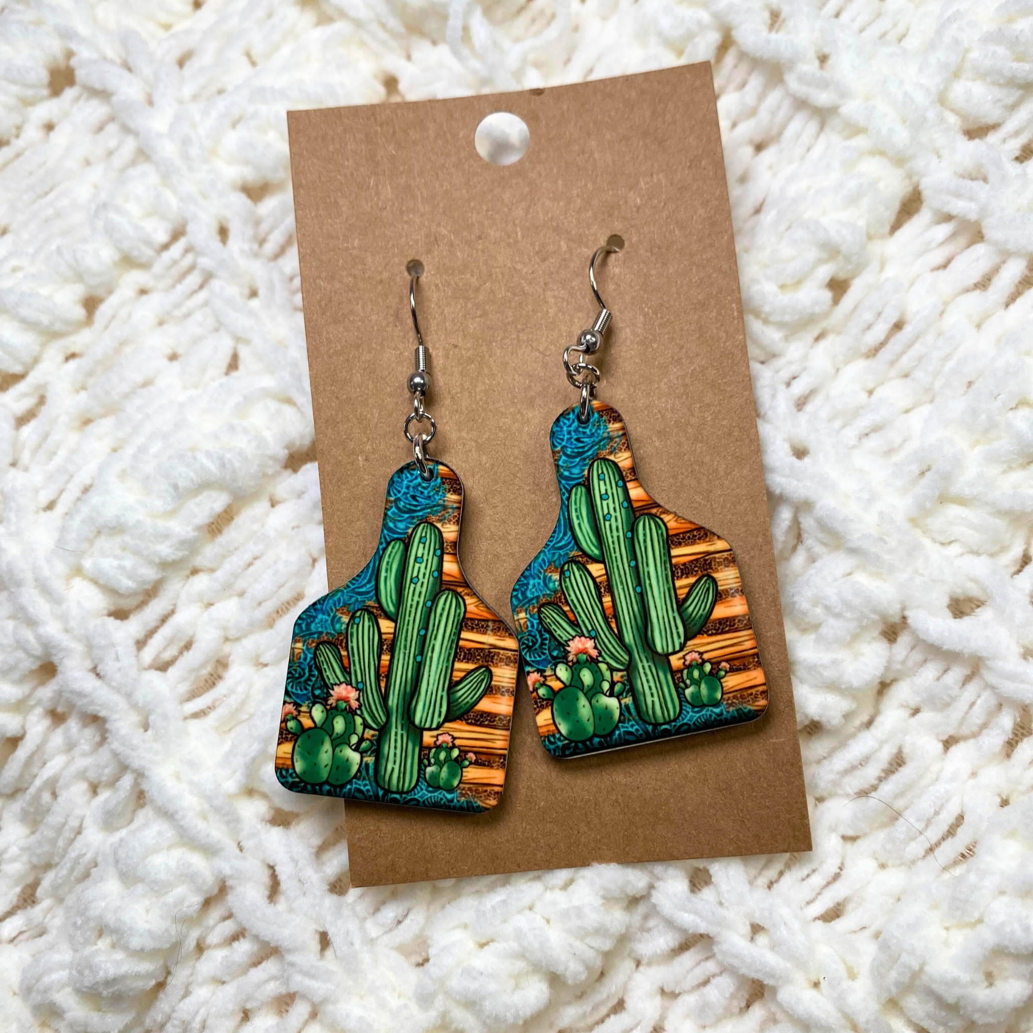 Wooden Cactus Cow Tag Dangle Earrings