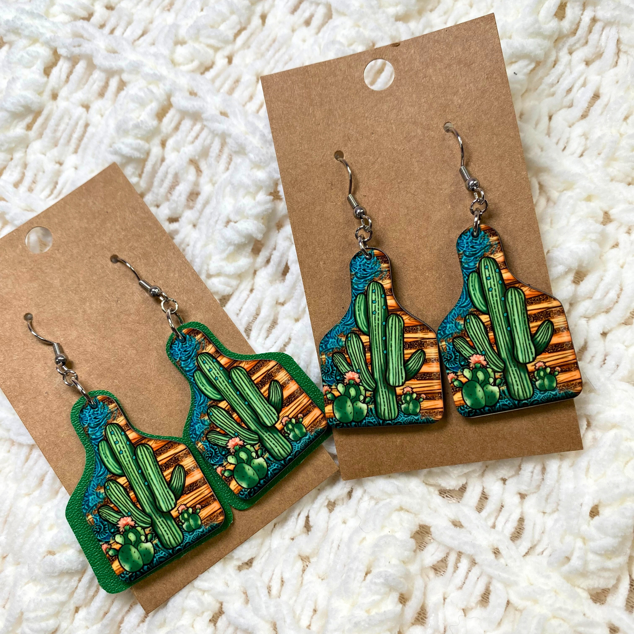 Wooden Cactus Cow Tag Dangle Earrings