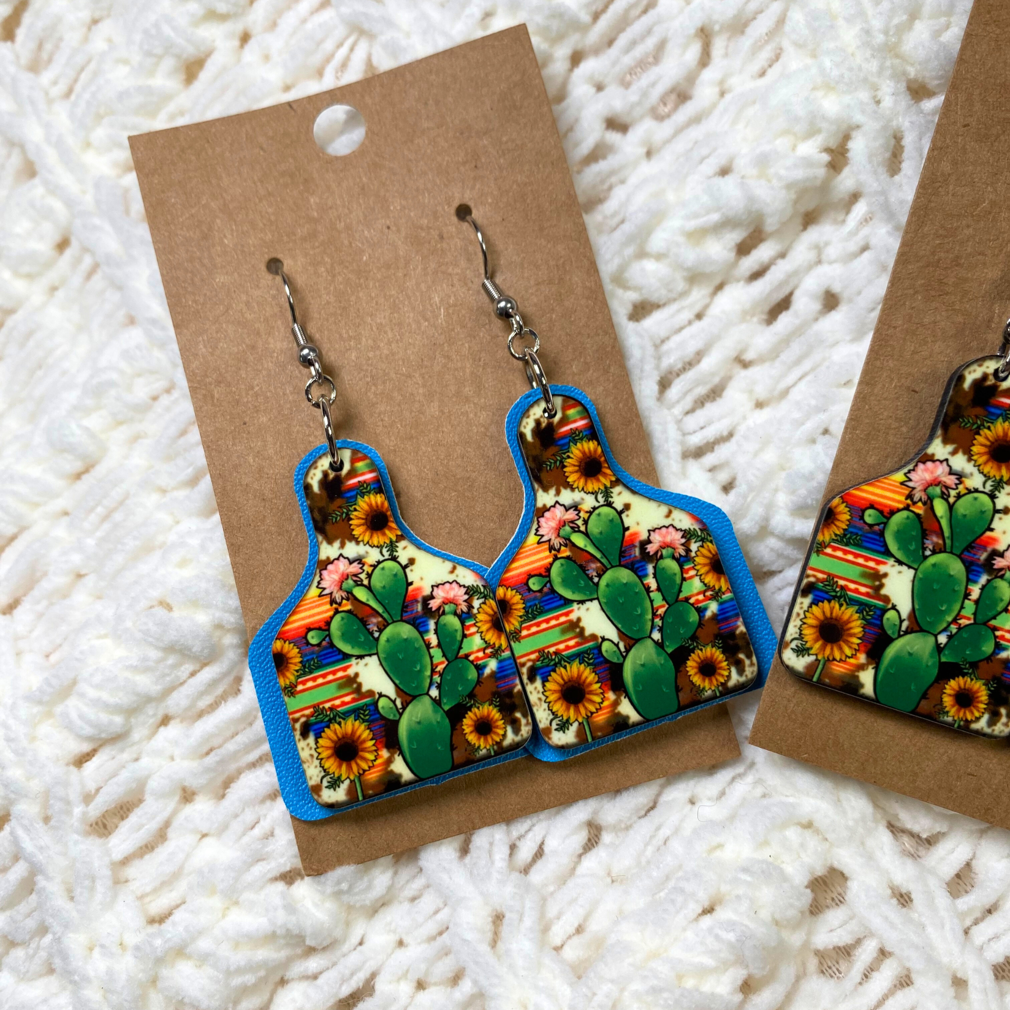 Bright Sunflower Cactus Cow Tag Dangle Earrings