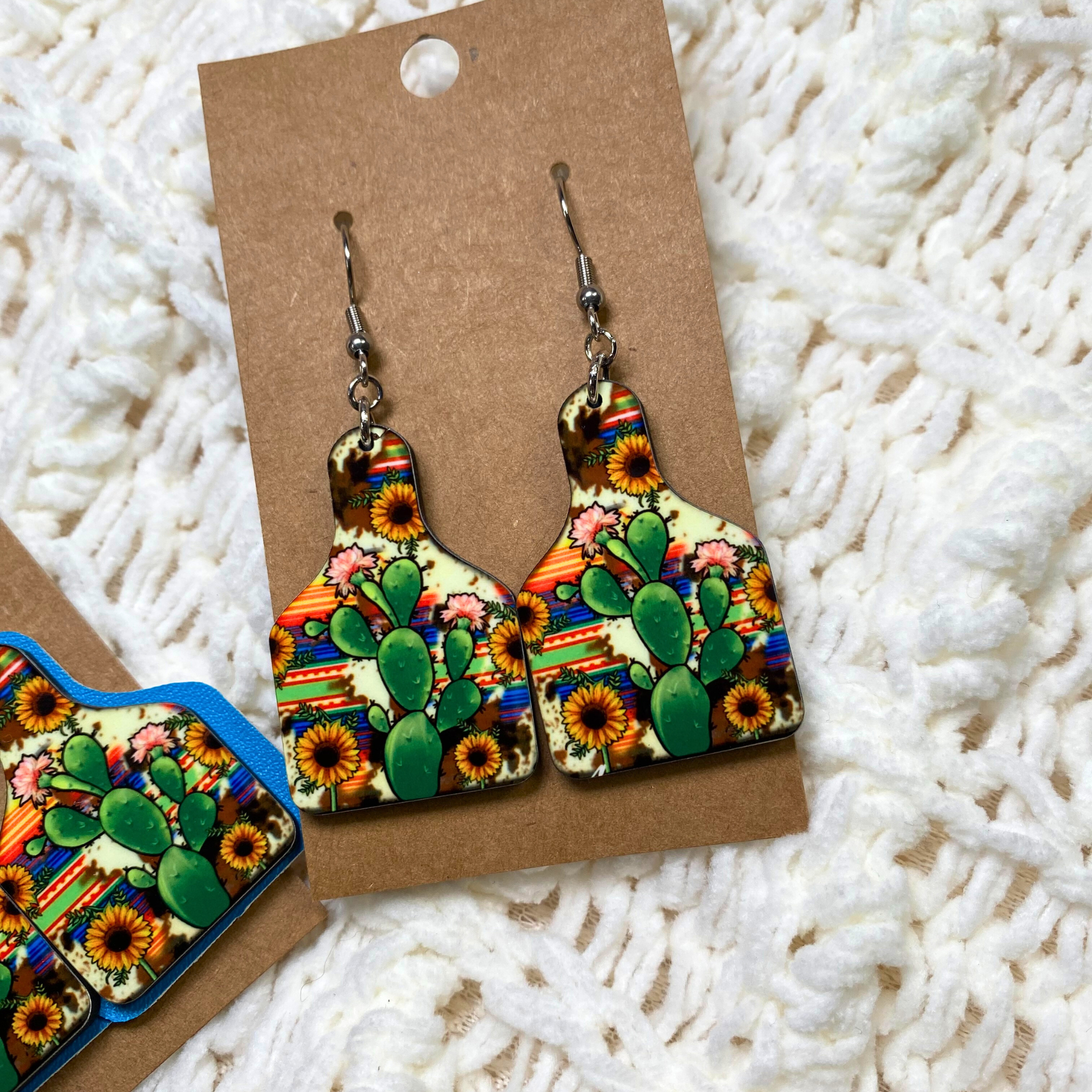 Bright Sunflower Cactus Cow Tag Dangle Earrings