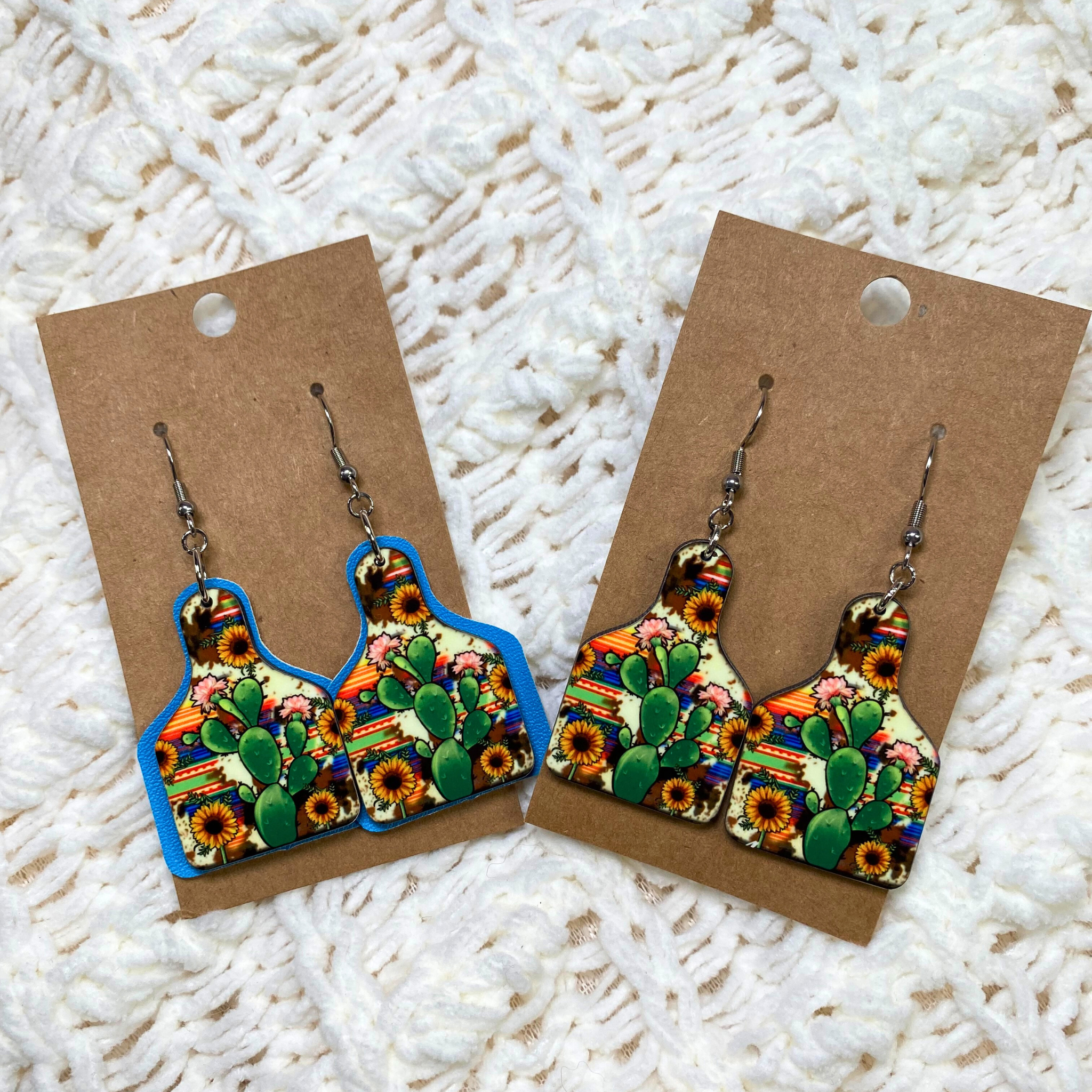 Bright Sunflower Cactus Cow Tag Dangle Earrings