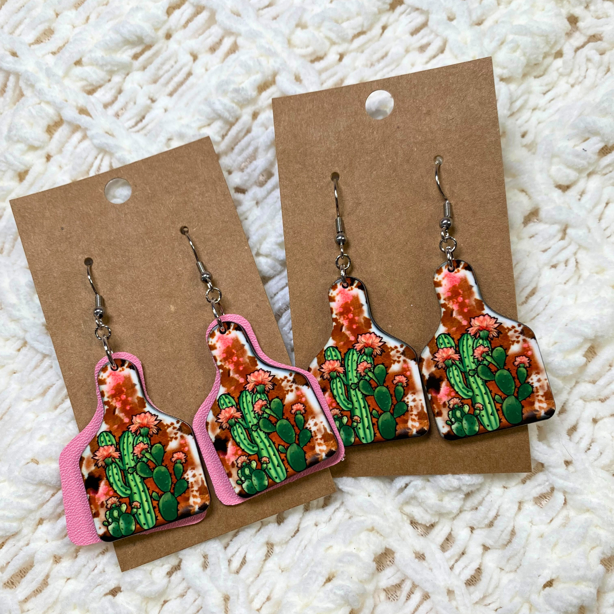 Pink Cow Print Sunflower Cactus Cow Tag Dangle Earrings