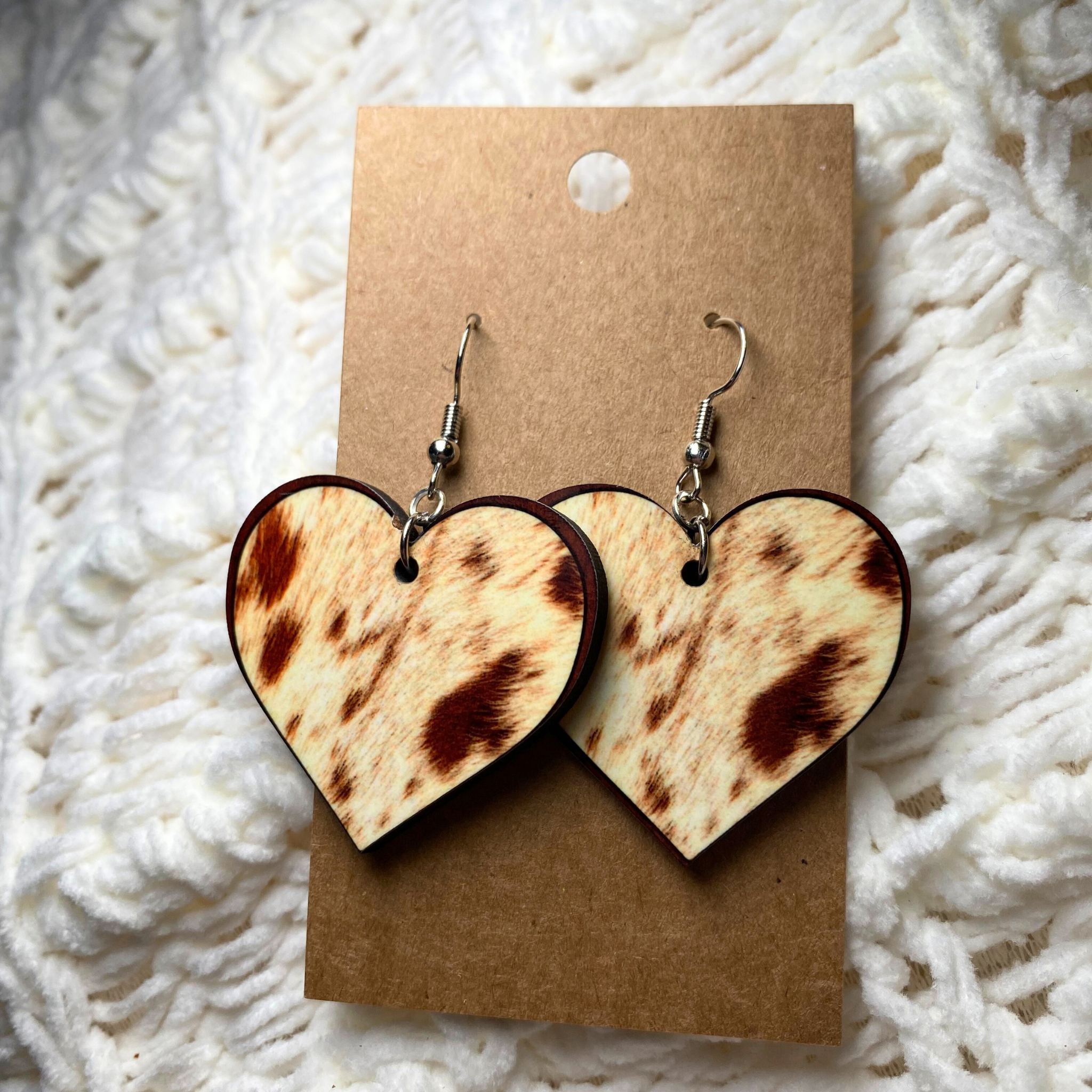 Brown Cow Hide Hearts Dangle Earrings