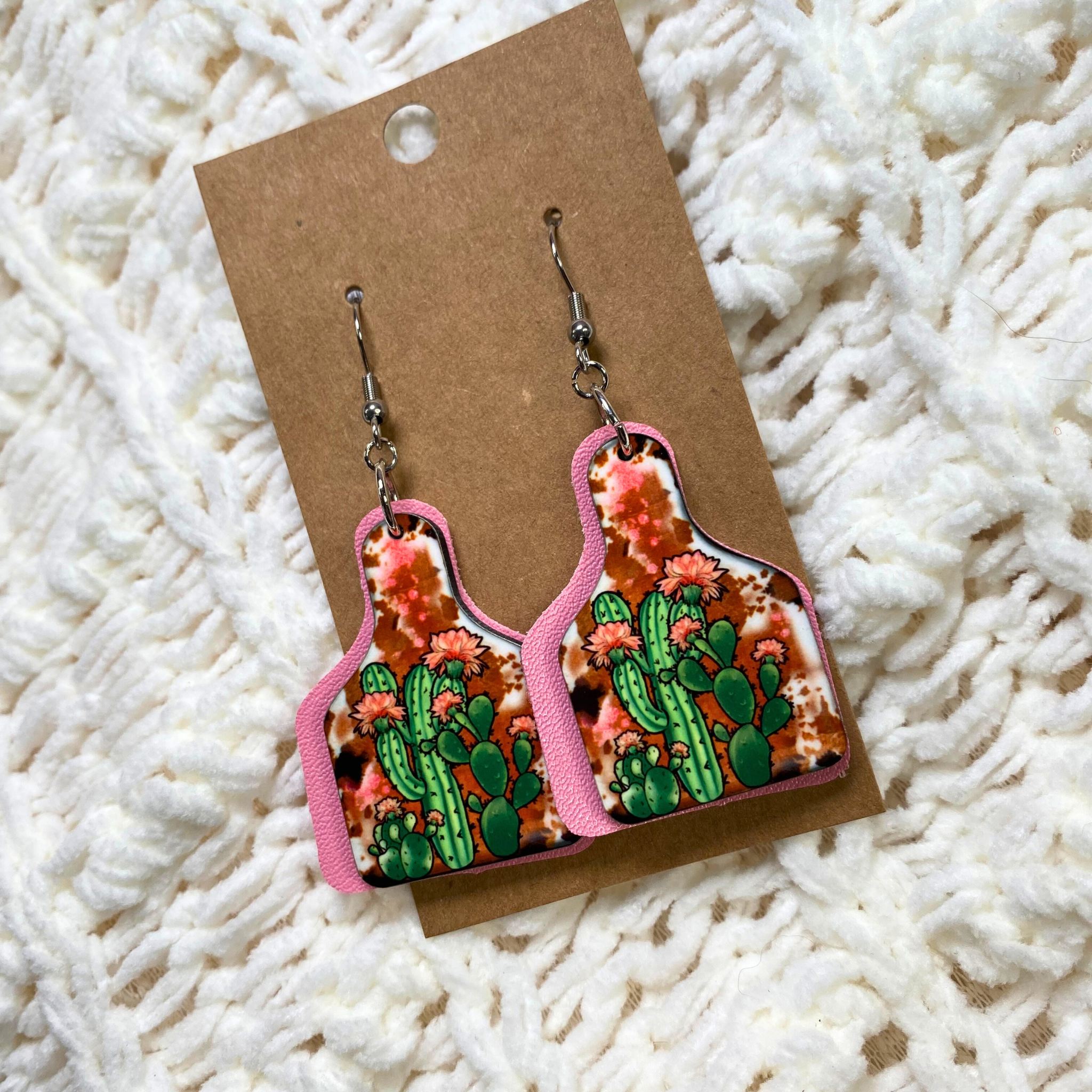 Pink Cow Print Sunflower Cactus Cow Tag Dangle Earrings