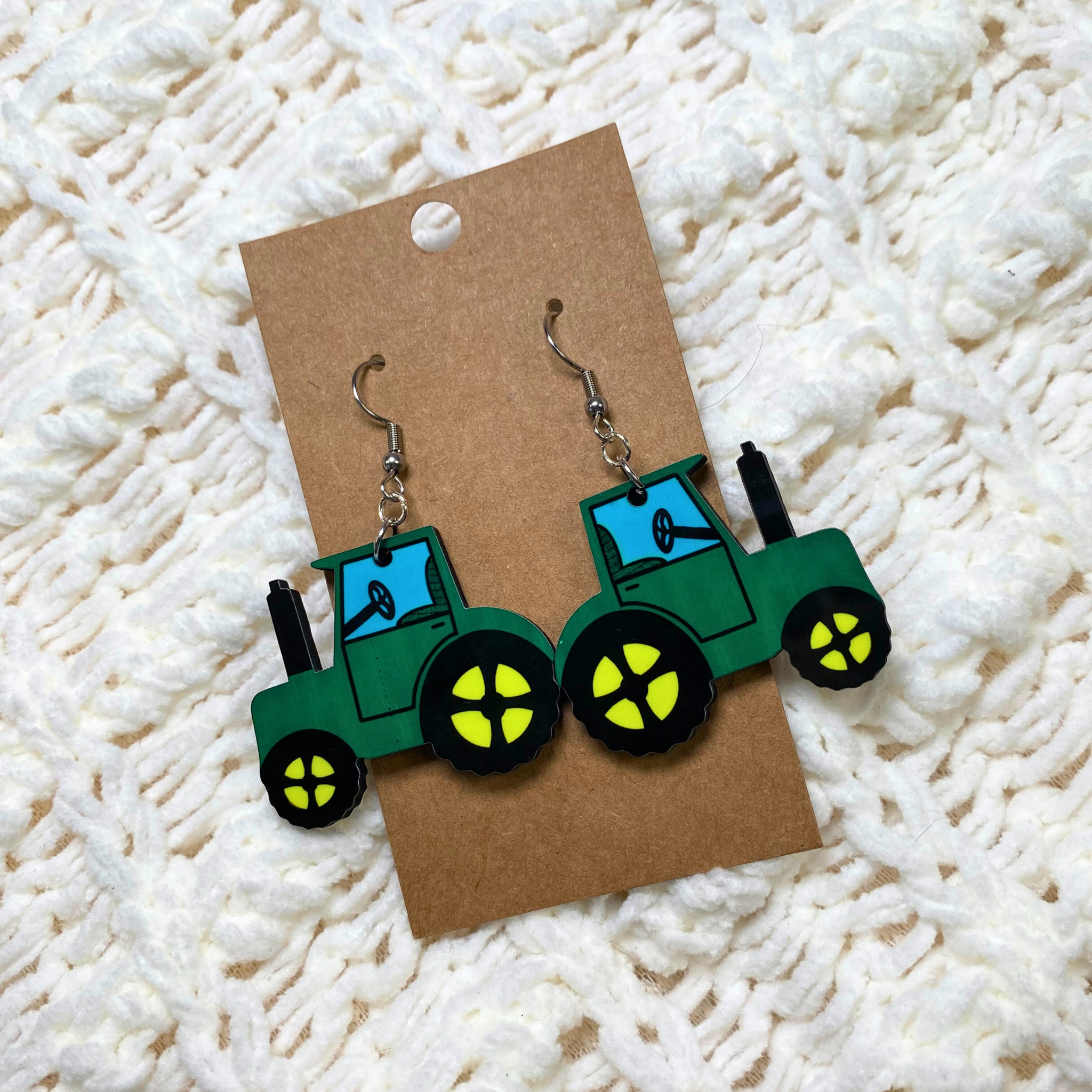 Little Green Tractor Dangle Earrings