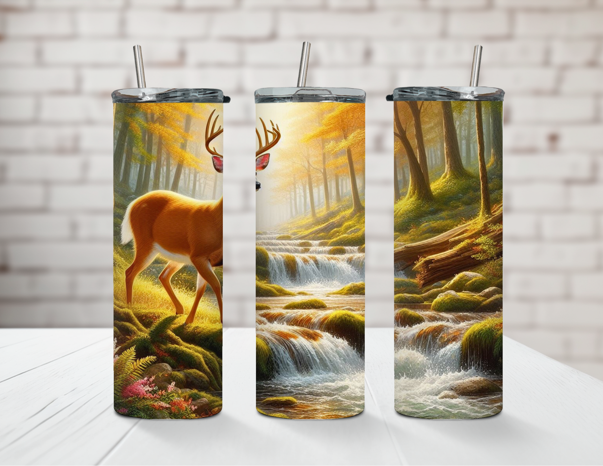 Deer In Woods/Waterfall scenery 20oz Stainless Steel Tumbler