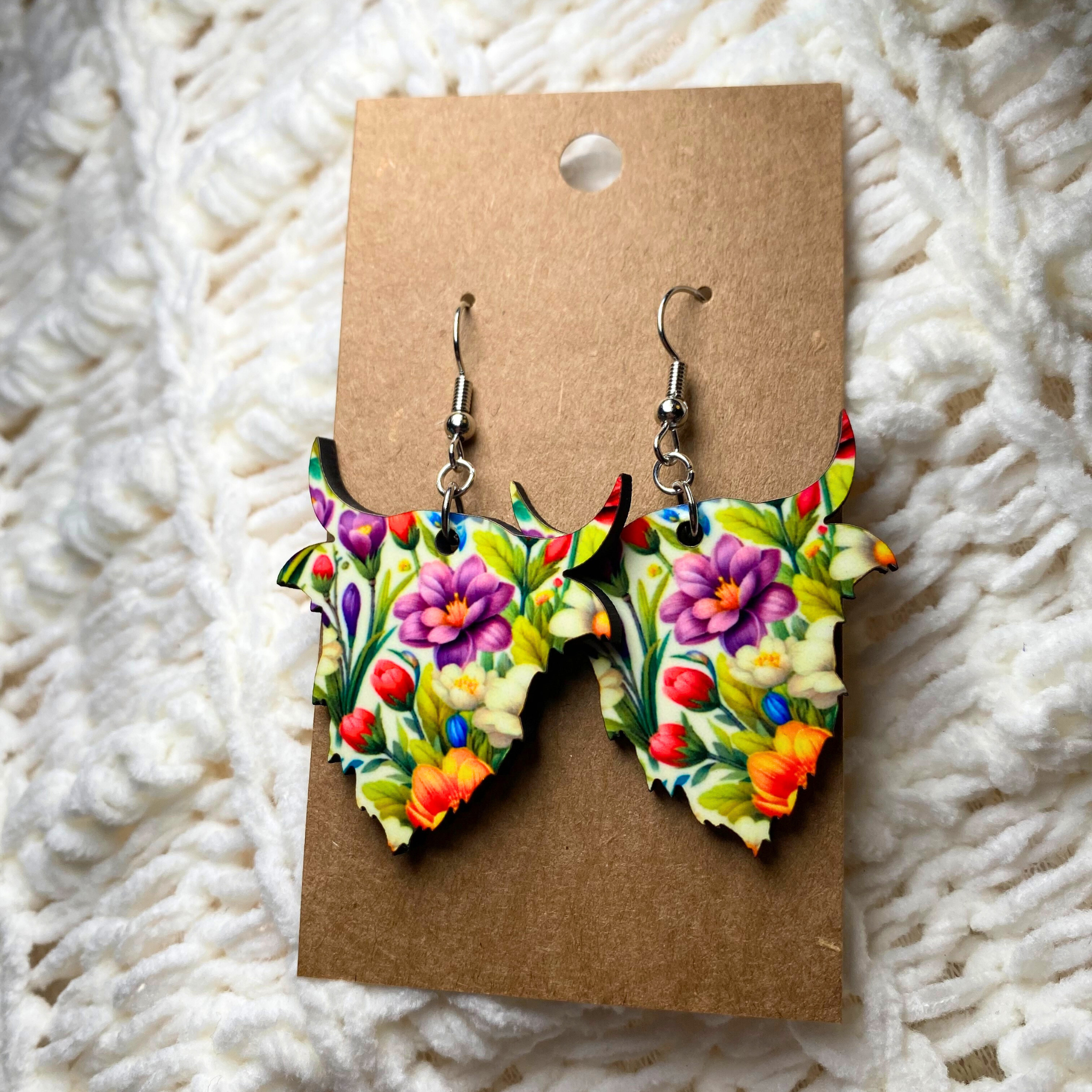 Floral Highland Cow Dangle Earrings