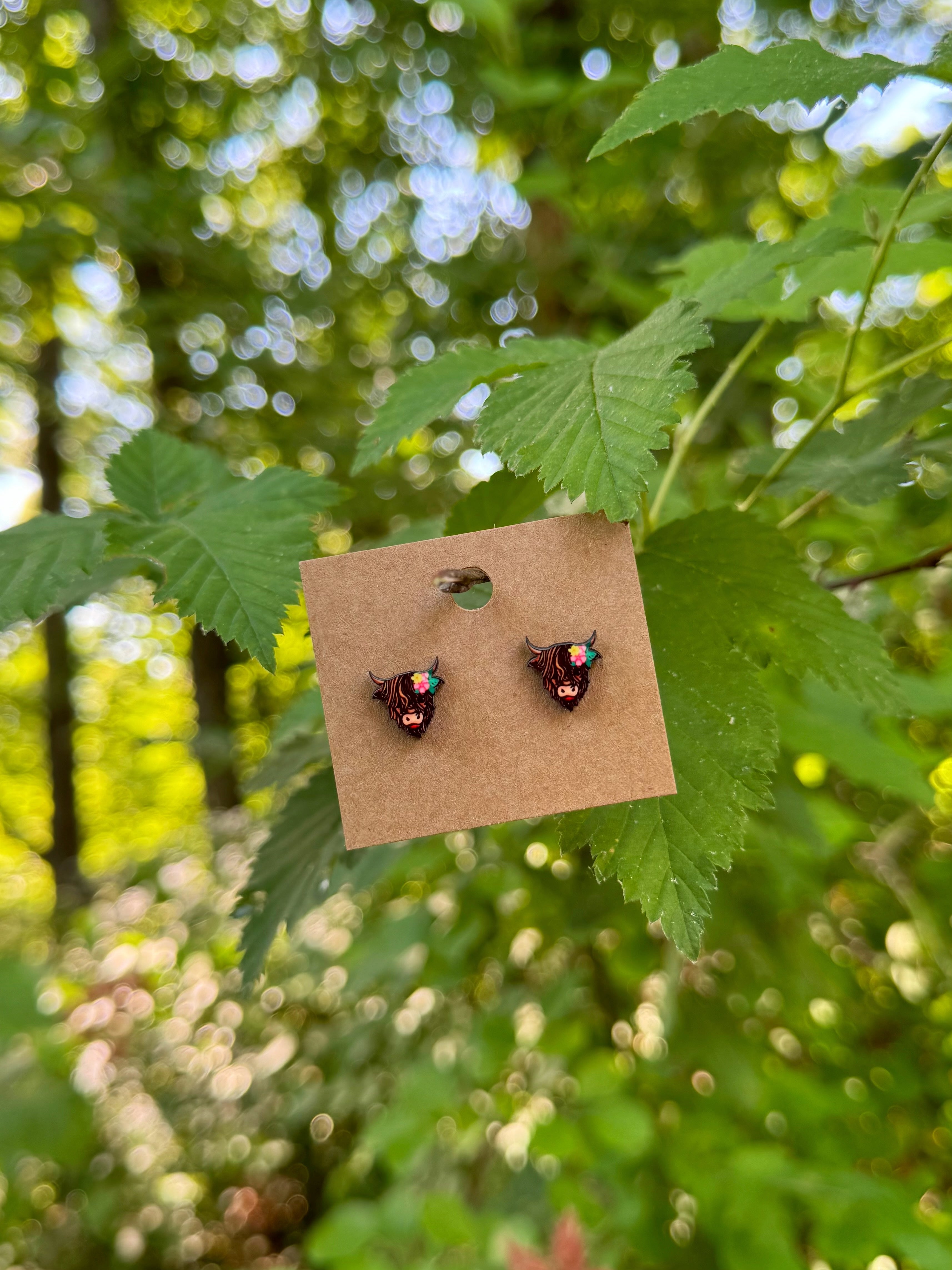 Highland Cow With Flowers Stud Earrings