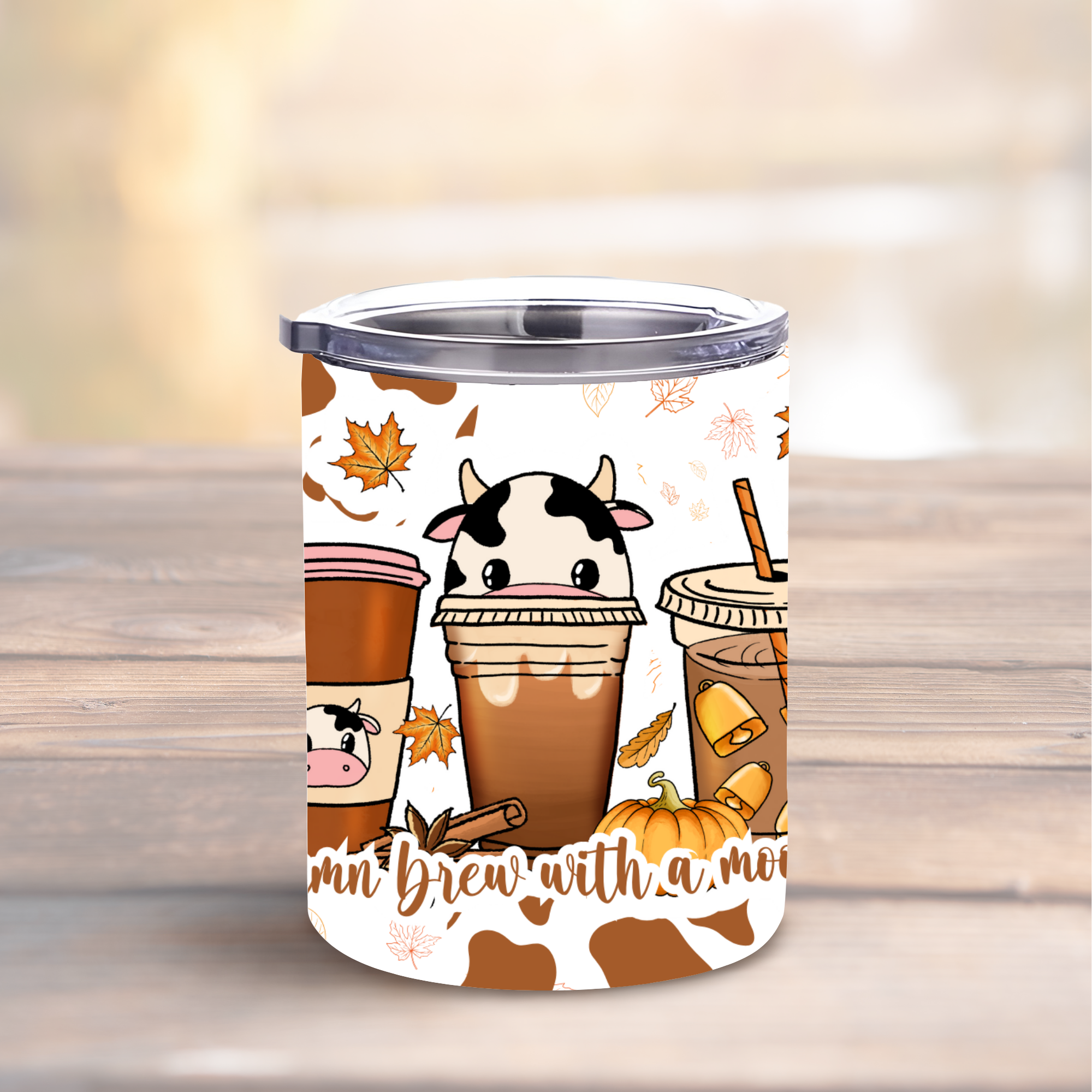 Autumn Brew With A Moo Cow 10oz Lowball Steel Tumbler