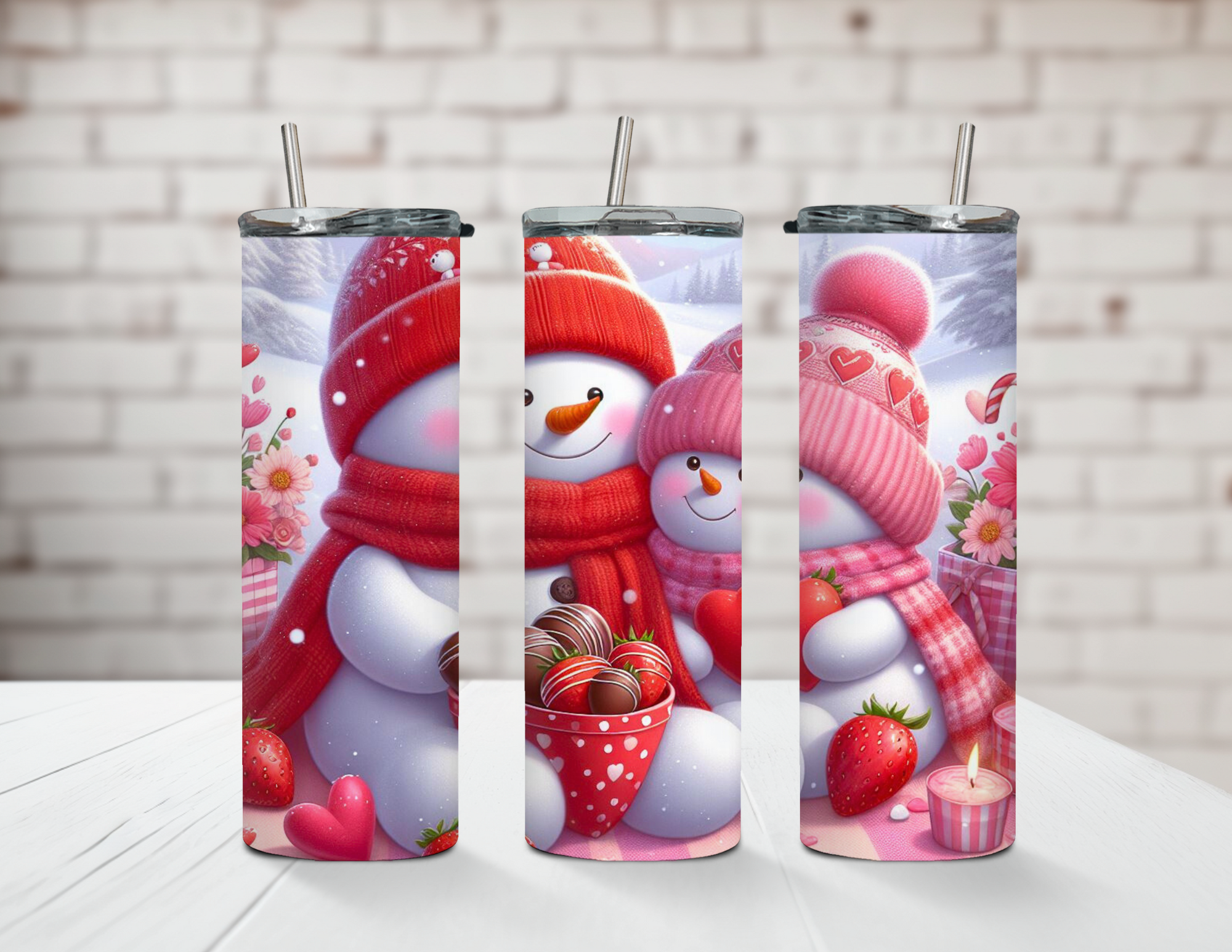 Valentines Picnic Snowmen 20oz Stainless Steel Tumbler