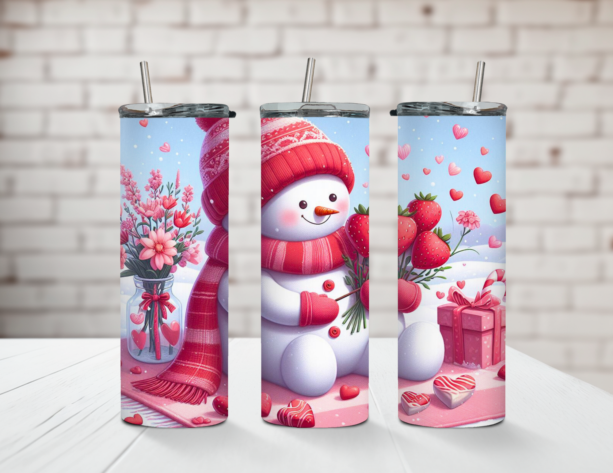 Snowman Strawberry Bouquet Valentines Day 20oz Stainless Steel Tumbler