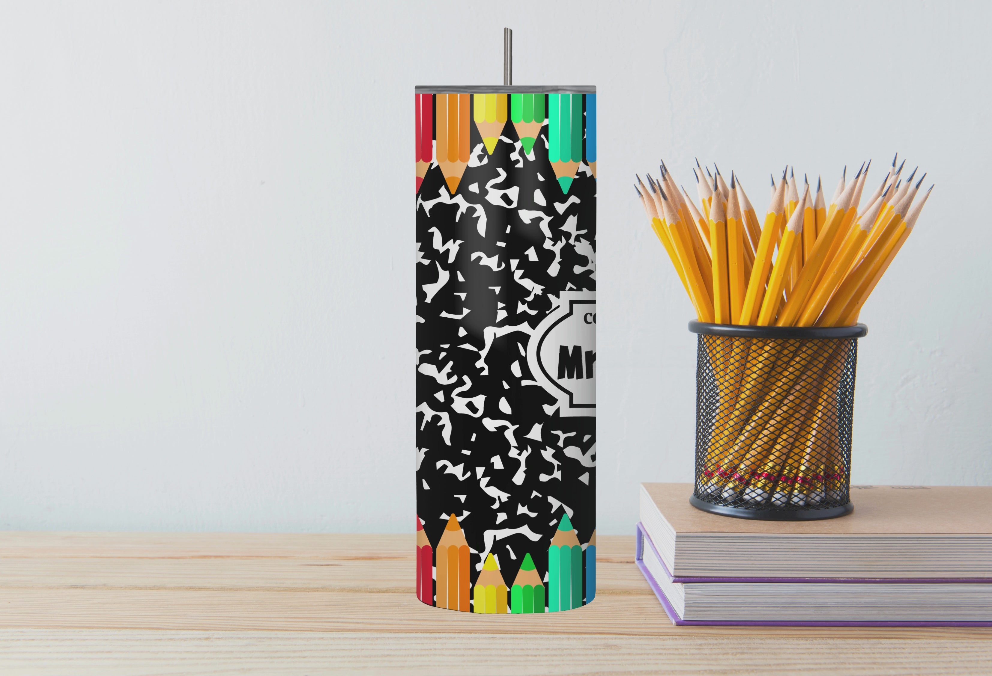 Customizable Composition Notebook Teacher Colored Pencil 20oz Stainless Steel Tumbler