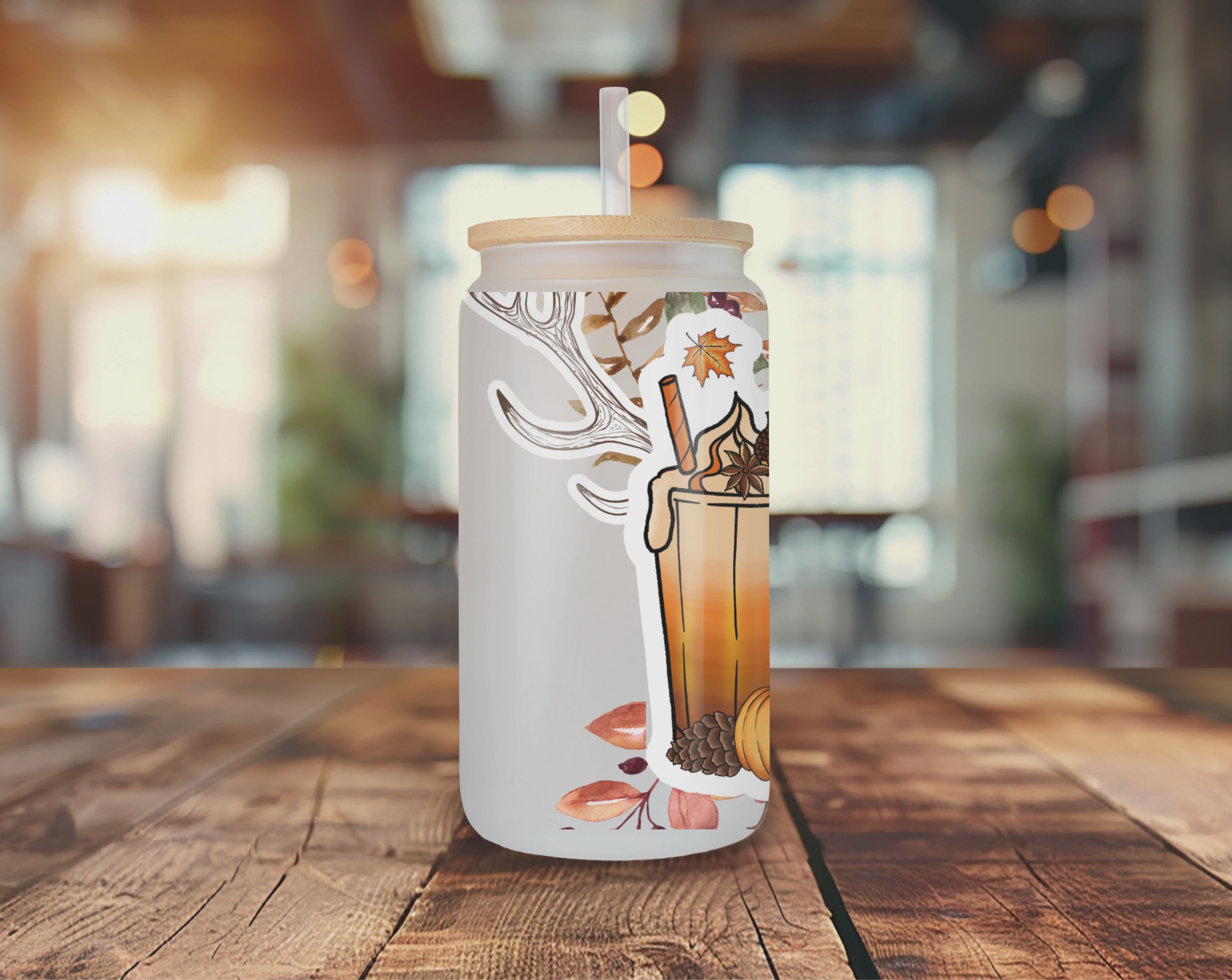 Deer Autumn Fall 25oz Frosted Glass Can Cup