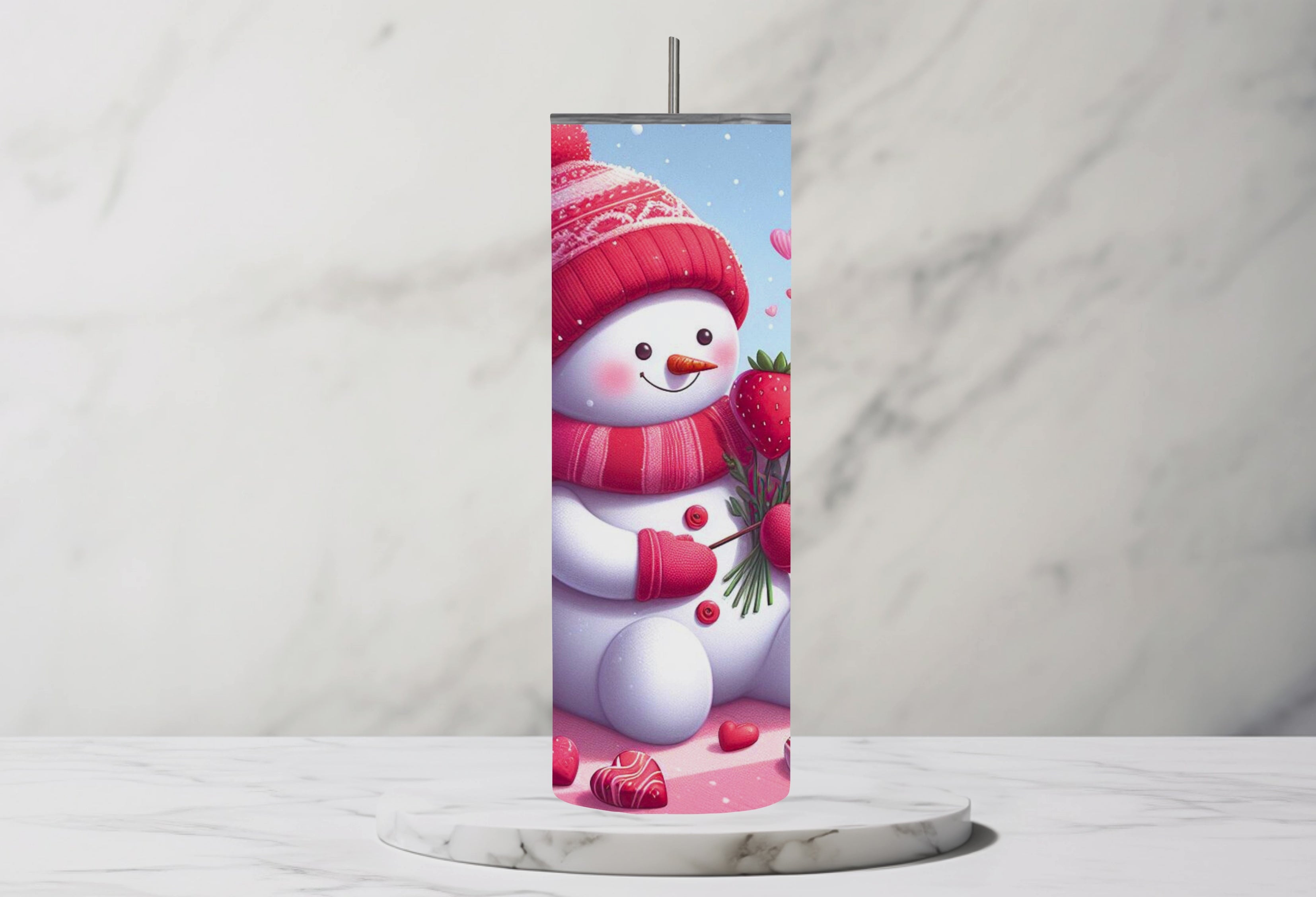 Snowman Strawberry Bouquet Valentines Day 20oz Stainless Steel Tumbler