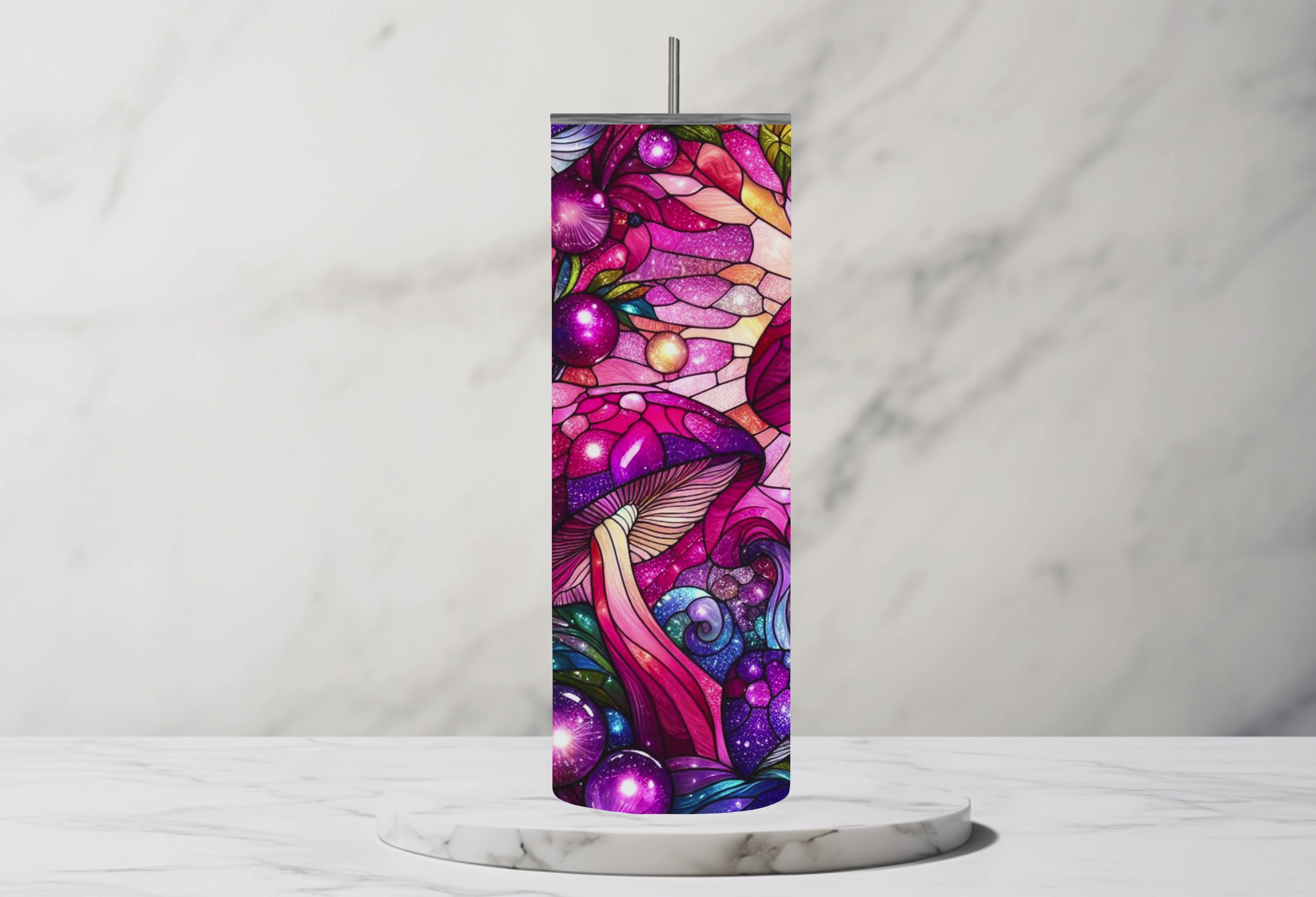 Pink Glittery Stained Glass Mushroom 20oz Steel Tumbler